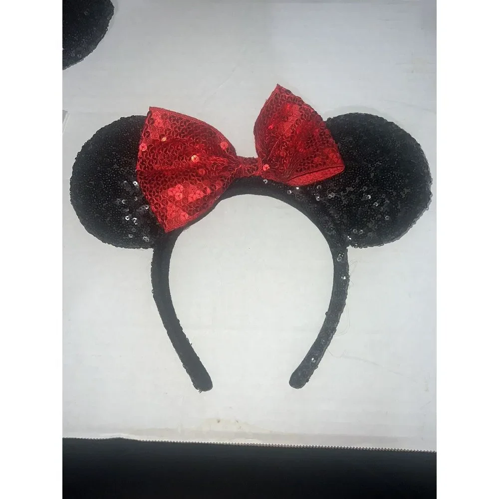 Disney Parks Black & Red Sequin Minnie Mouse Ears‎ Headband Bow Adult OS Mickey